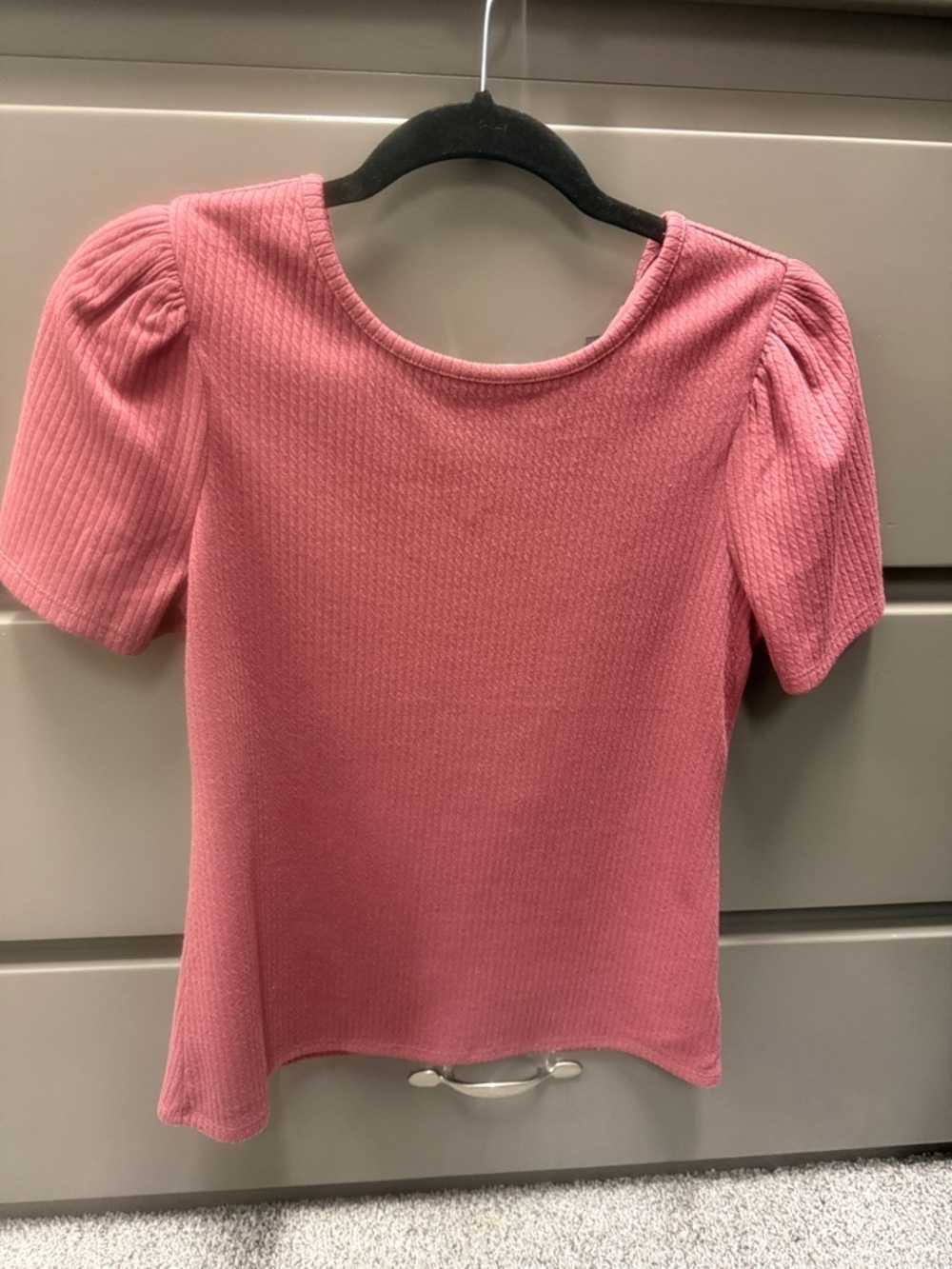 Express Rose Puff Sleeve Ribbed Short Sleeve Top